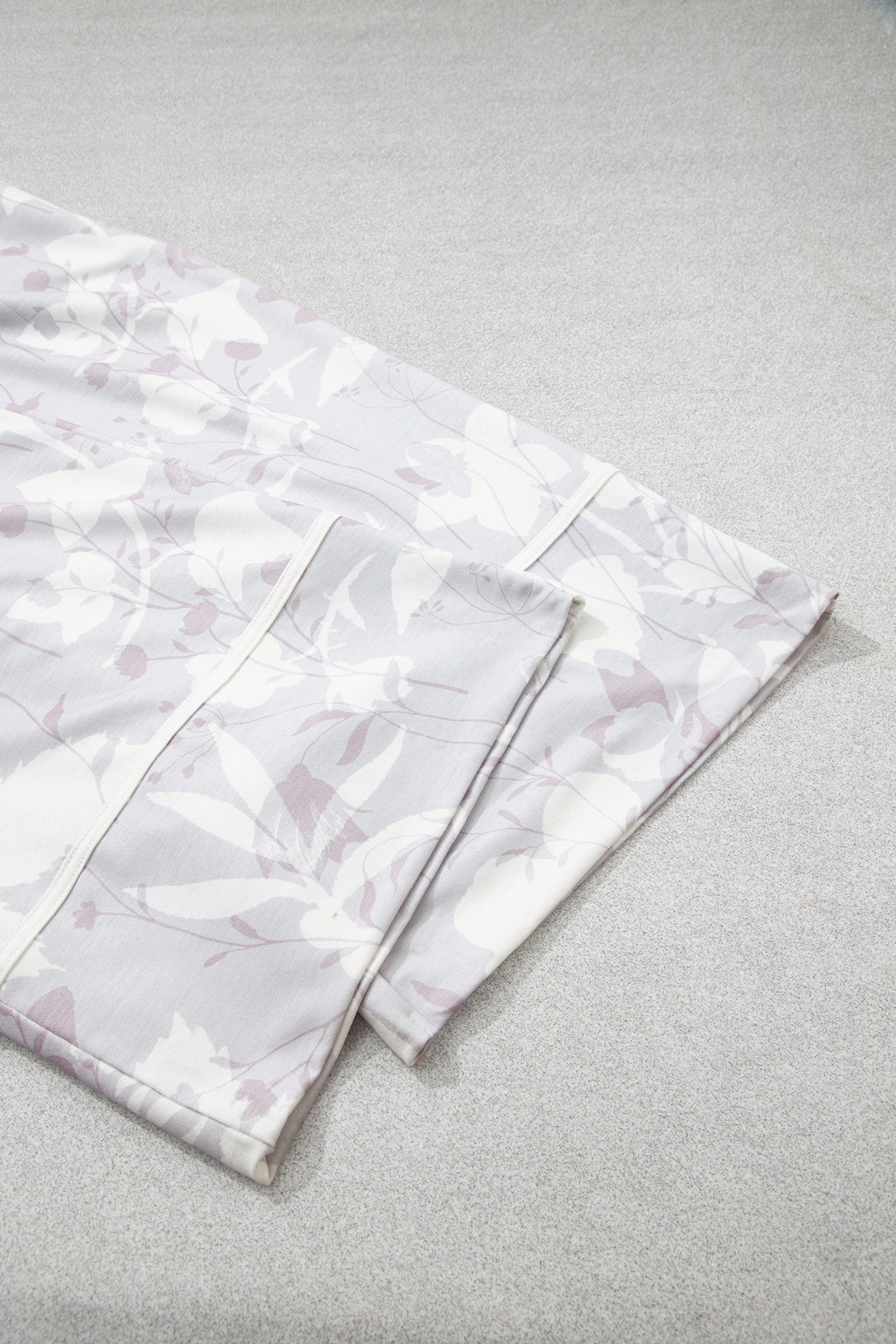 Gray Floral Print Wide Leg Ankle-Length Elastic Waistband Pants