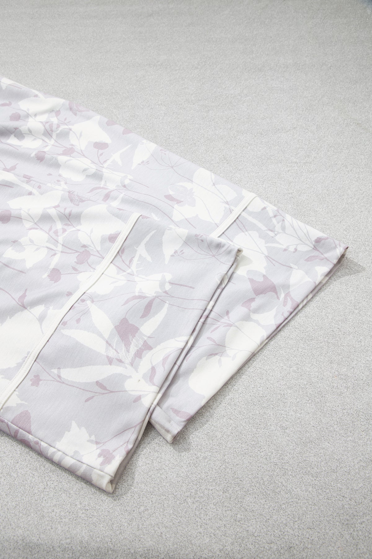 Gray Floral Print Wide Leg Ankle-Length Elastic Waistband Pants