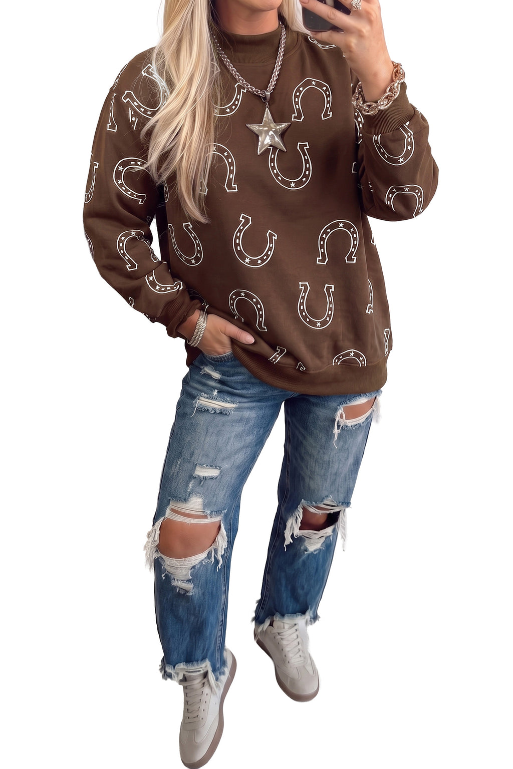 Blue Western Horseshoe Print Mock Neck Casual Pullover Sweatshirt