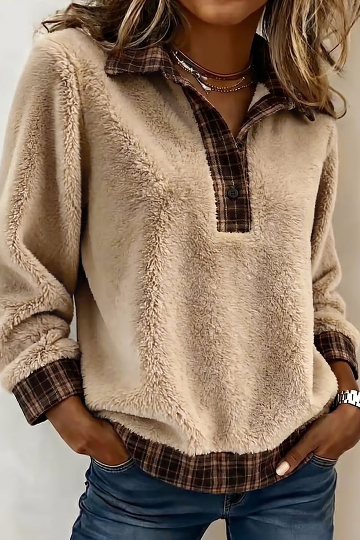 Light French Beige Plaid Collar Button Front Fleece Pullover Sweatshirt