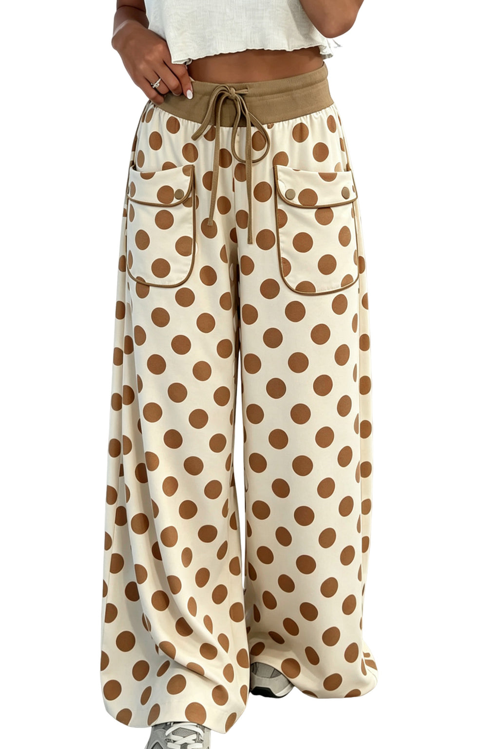 Khaki Polka Dot Drawstring Pocket Wide Leg Pants