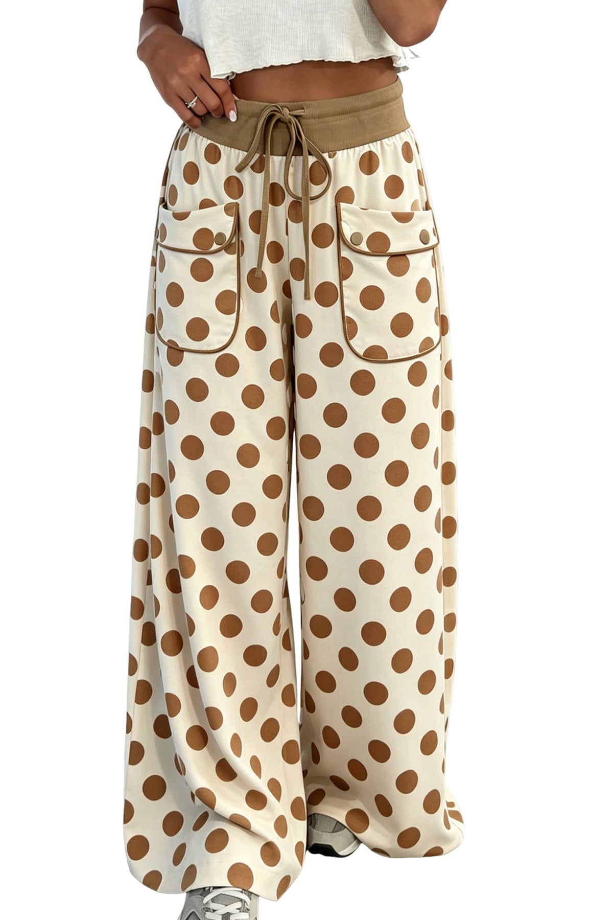 Khaki Polka Dot Drawstring Pocket Wide Leg Pants