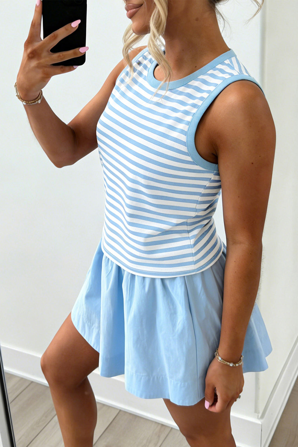 Sky Blue Stripe Slim Tank Contrast Ruffle Mini Skirt Set