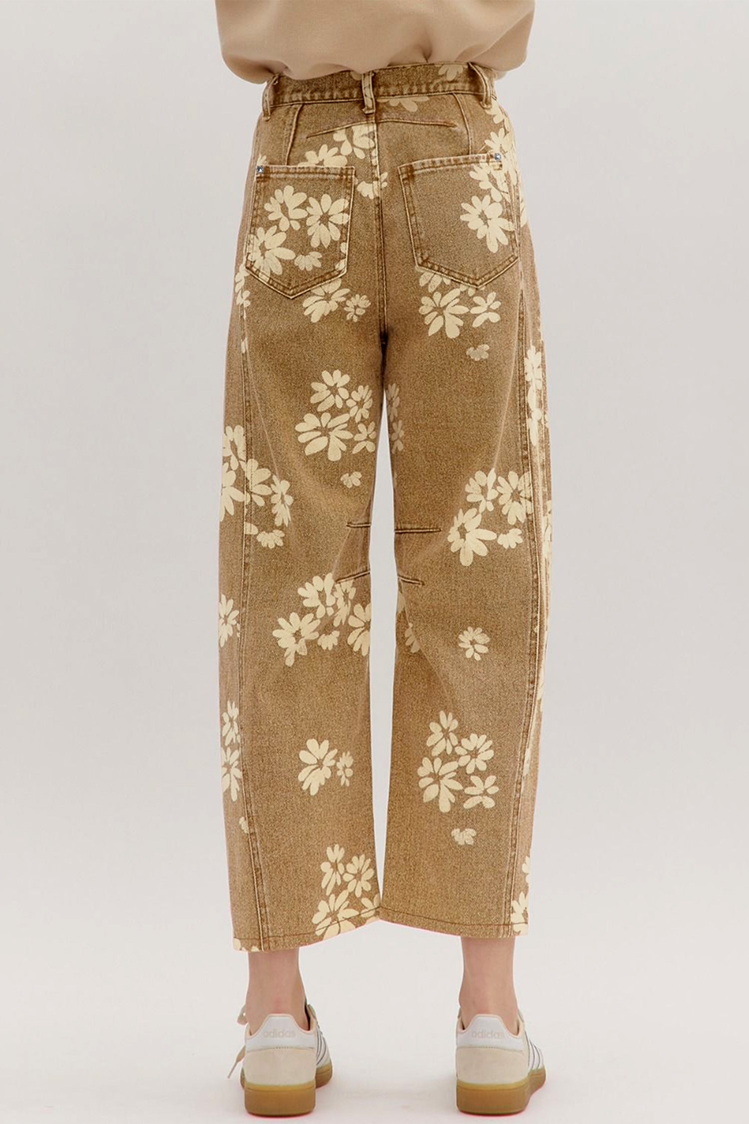 Khaki Floral Print Metal Button Pleated Straight Leg Jeans