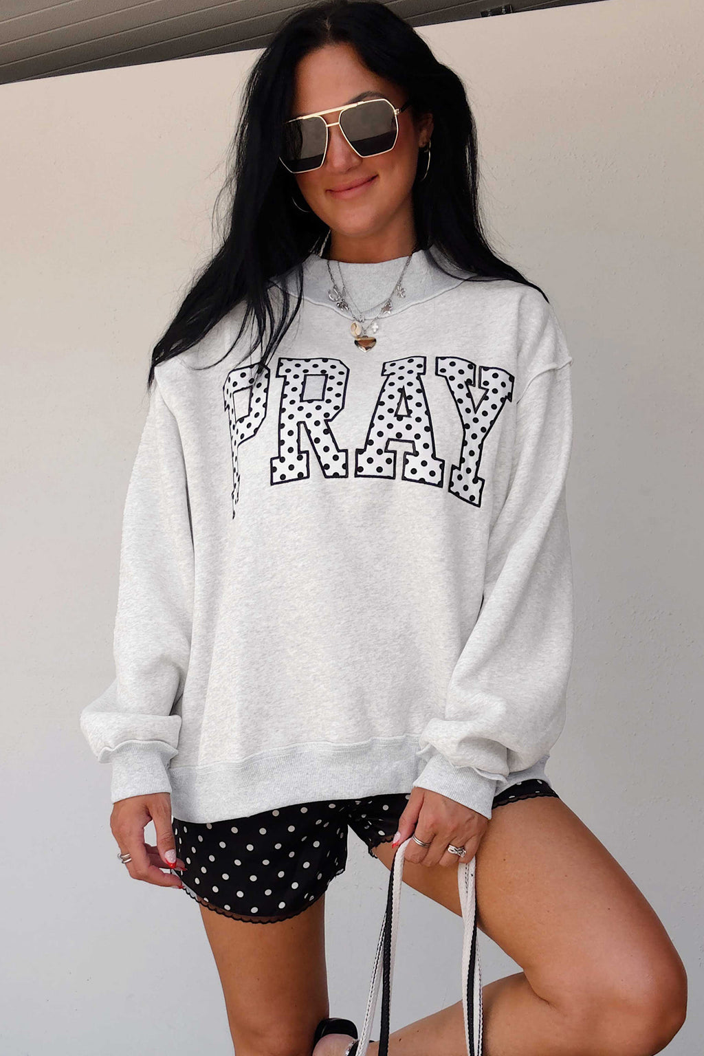 Gray PRAY Polka Dot Embroidered Mock Neck Sweatshirt