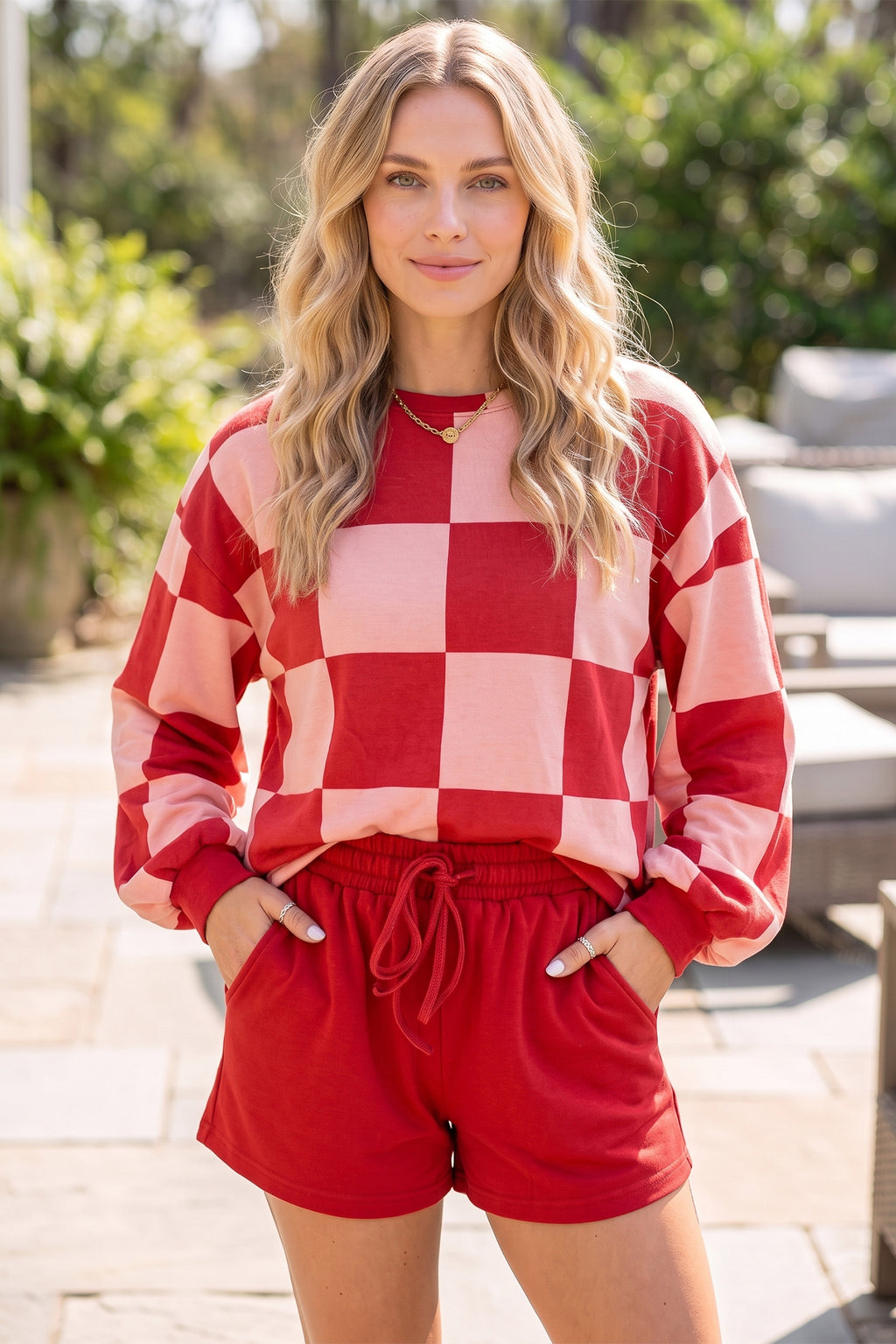 Red Checkerboard Plaid Long Sleeve Solid Color Shorts 2pcs Set