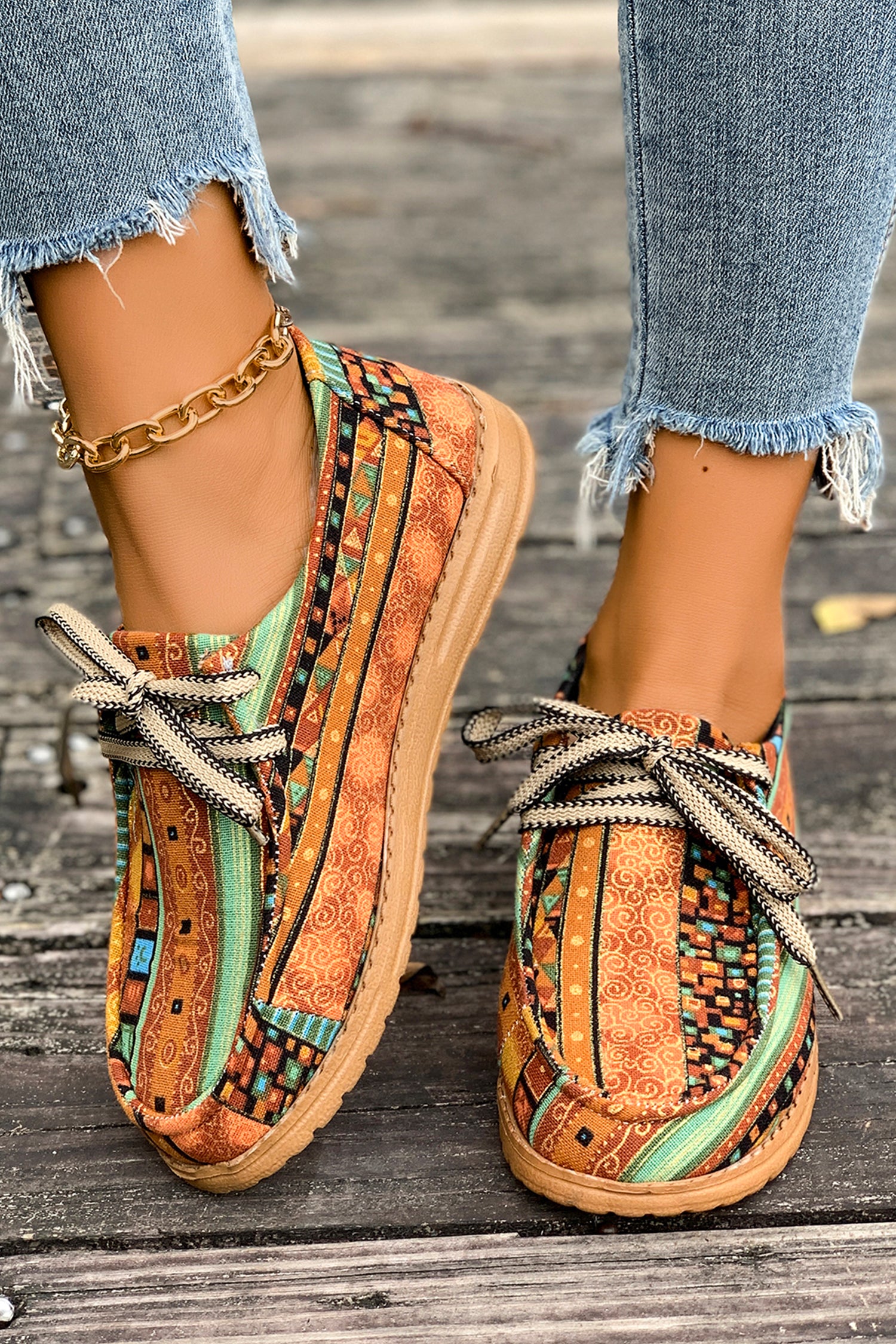 Mustard Ethnic Artistic Print Lace-up Detail Comfort Loafer Shoes