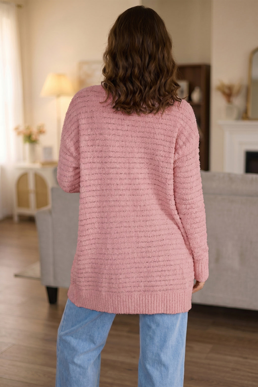 Light Pink Open Front Soft Fuzzy Ribbed Sweater Cardigan