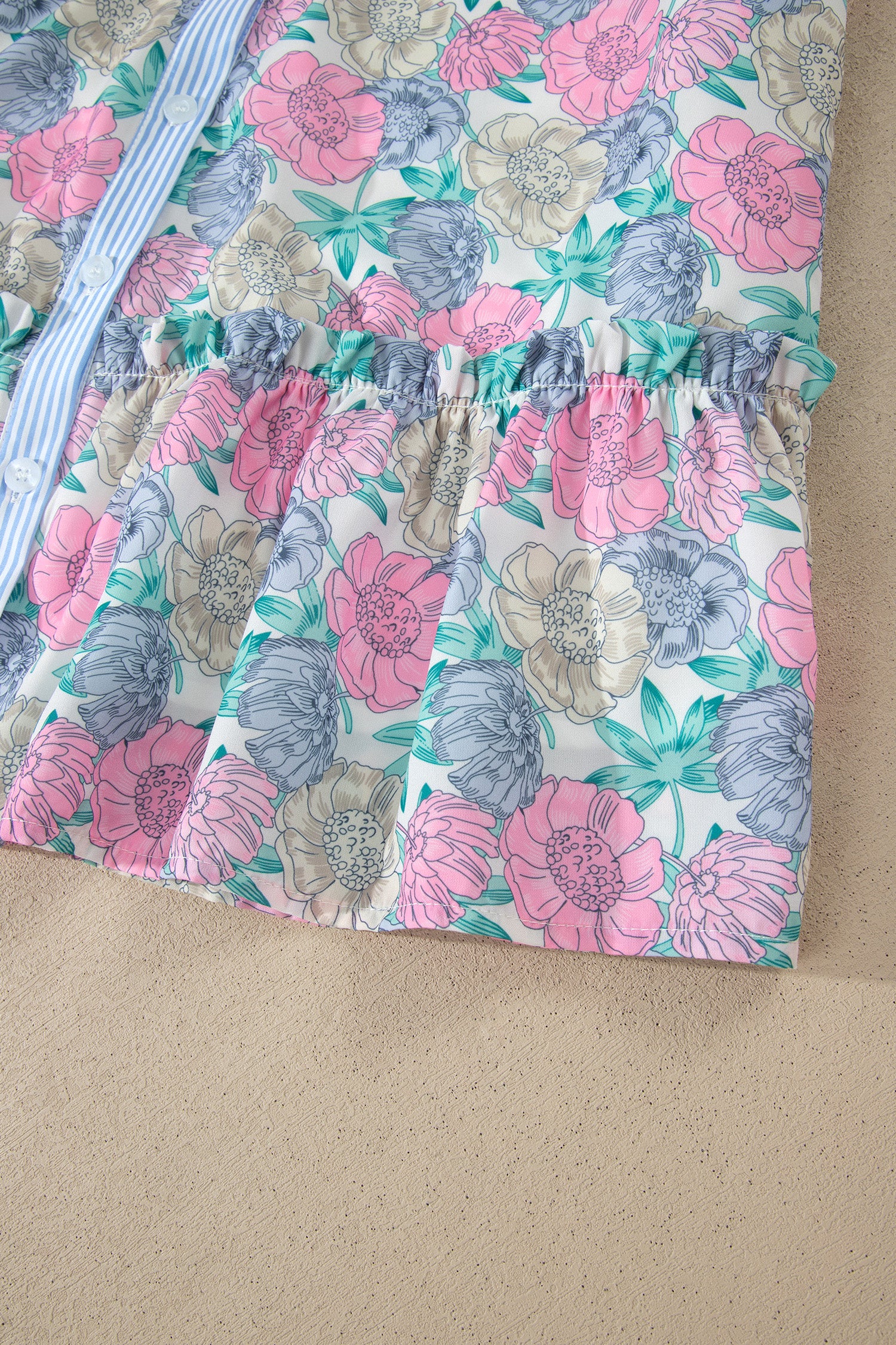 White Floral Print Striped Contrast Trim Belted Short Dress