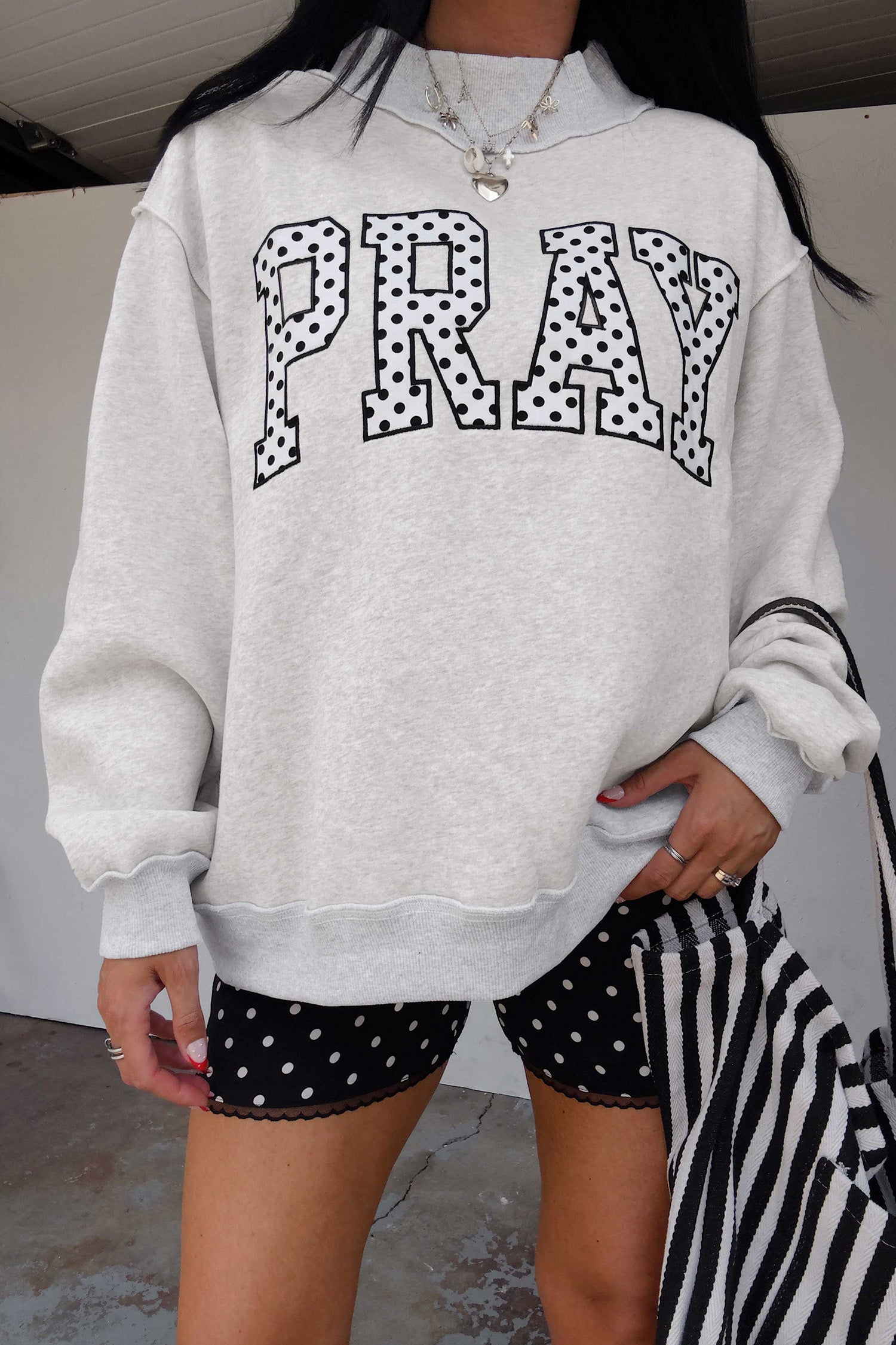 Gray PRAY Polka Dot Embroidered Mock Neck Sweatshirt