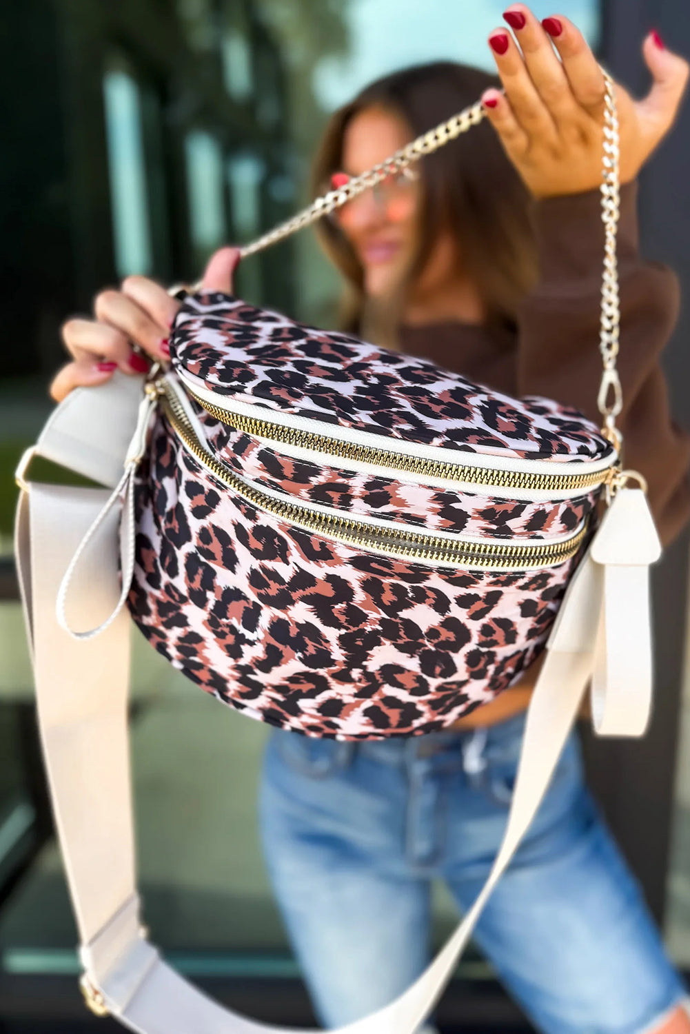 Chestnut Leopard Printed Double Zip PU Leather Crossbody Bag
