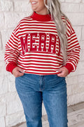 Red Stripe Plus Size MERRY Festive Letter Embroidery Patched Graphic Pullover Sweatshirt