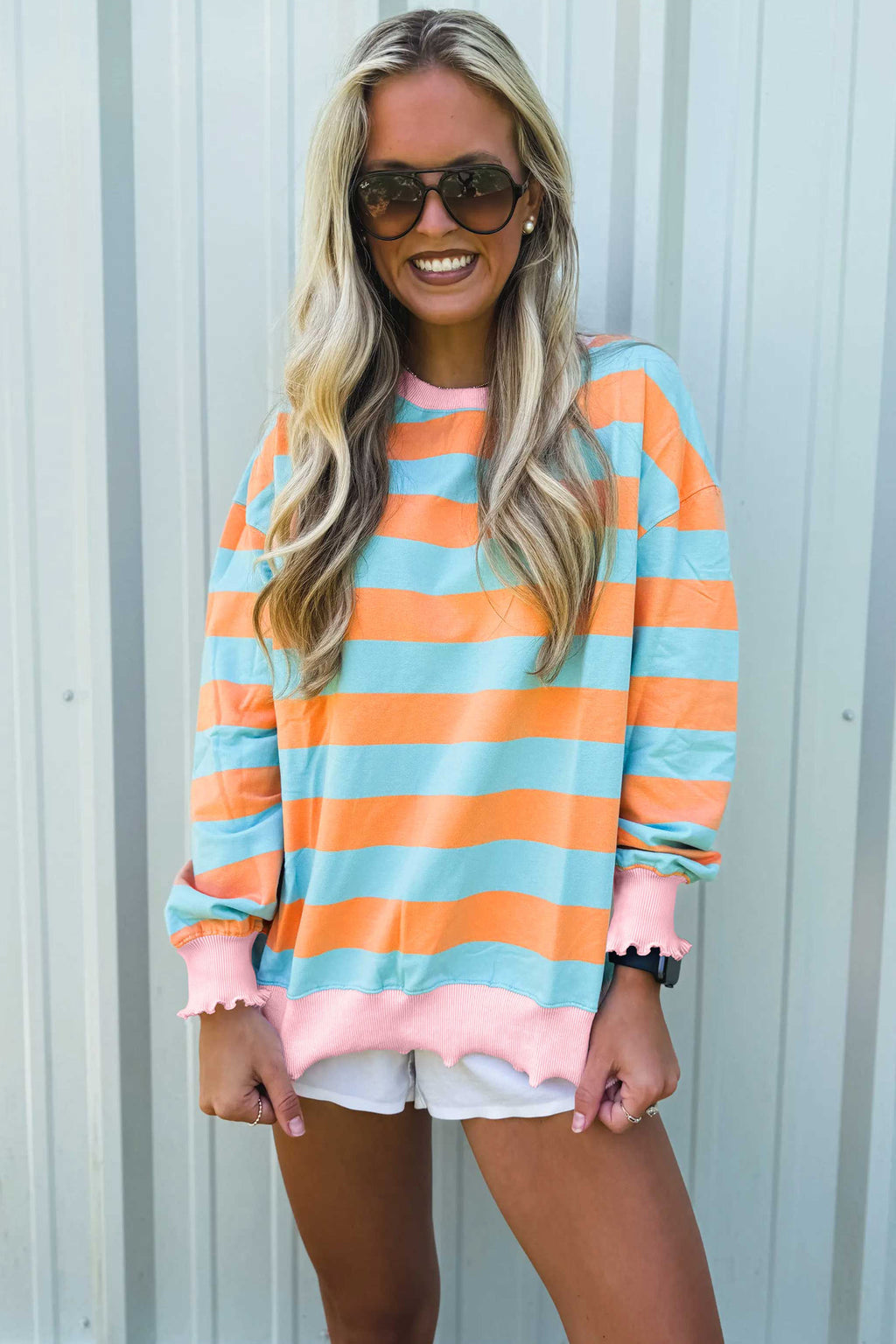 Orange Stripe Ribbed Color Block Trim Round Neck Long Sleeve Shift Top