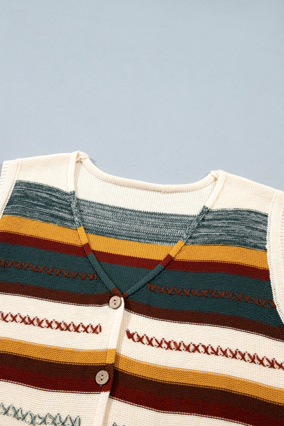 Multicolour Striped Button Front Sleeveless Knit Regular Fit Sweater Vest