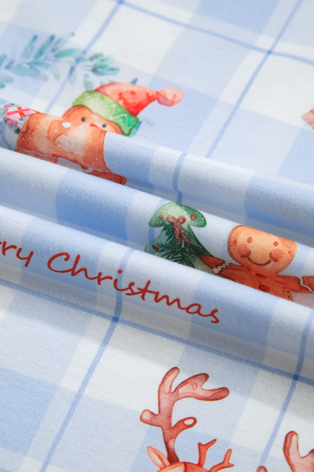 Sky Blue Plaid Cartoon Christmas Pattern Shirt Top 2pcs Pajama Set