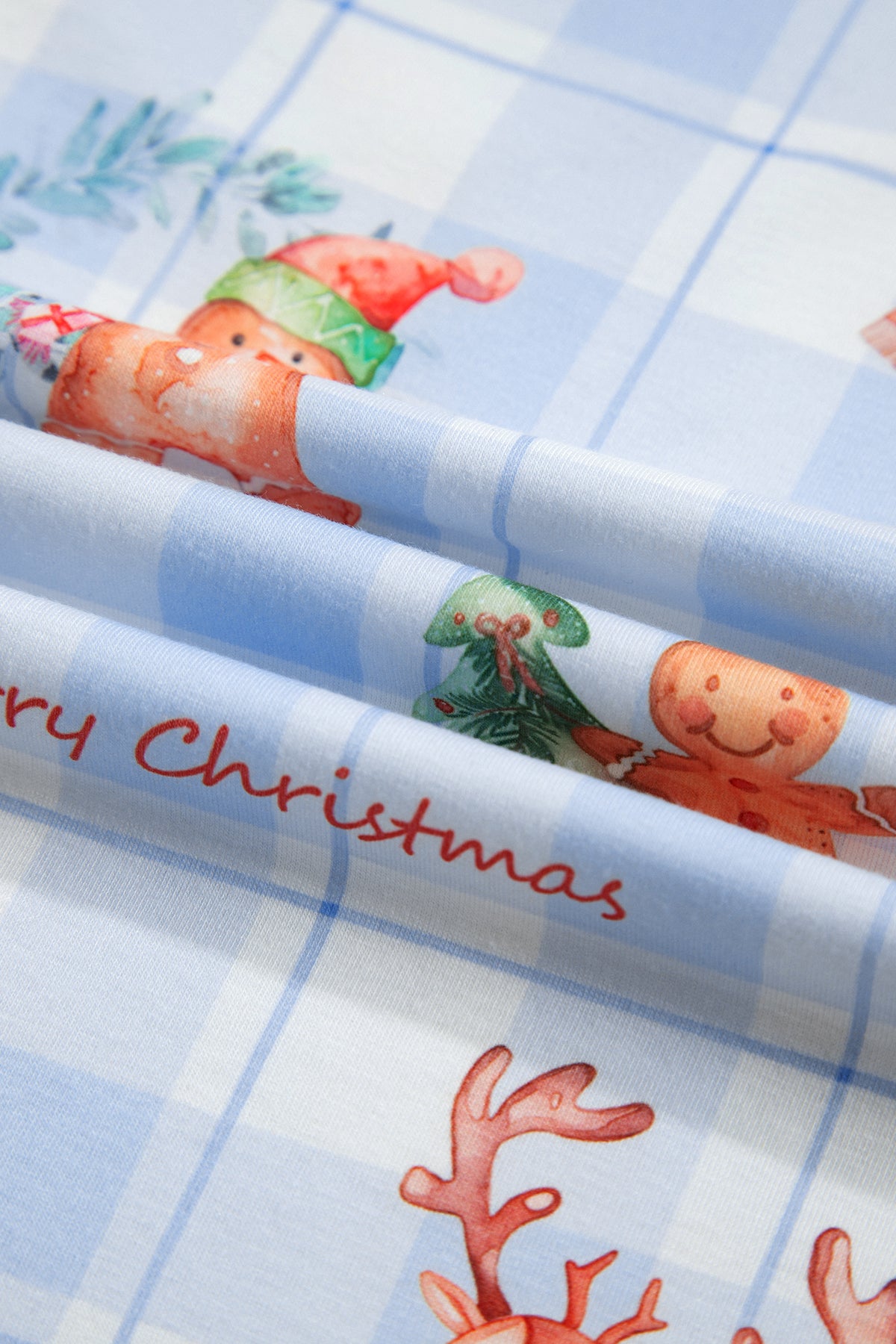 Sky Blue Plaid Cartoon Christmas Pattern Shirt Top 2pcs Pajama Set