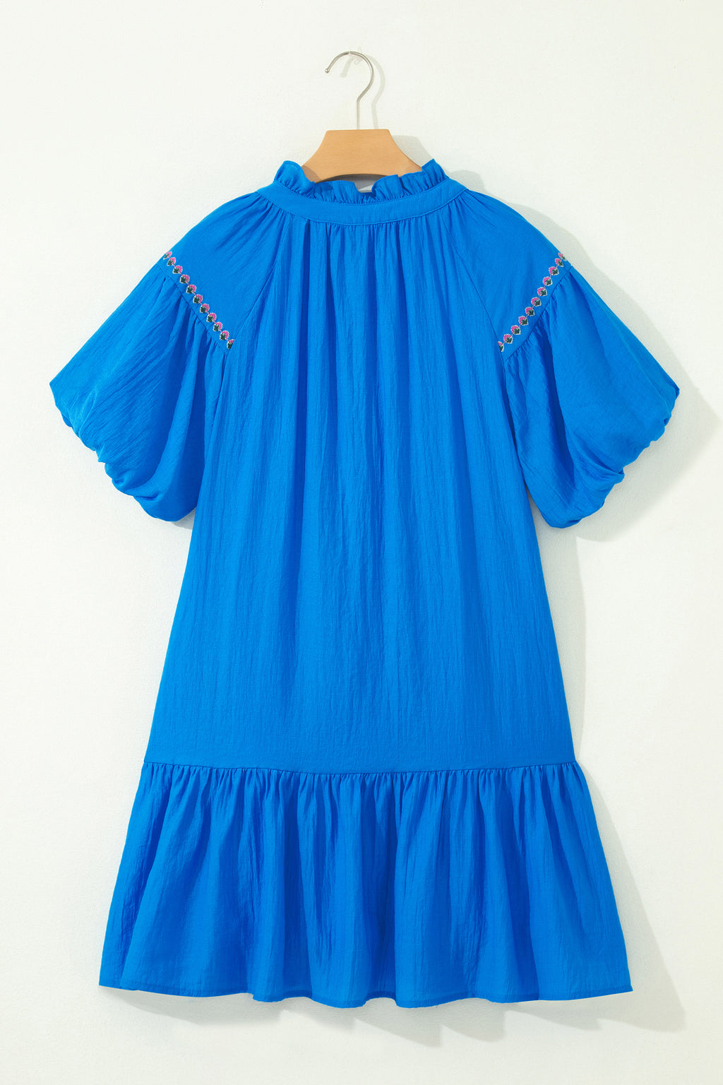 Blue Flower Embroidered Split Neck Short Puff Sleeve Ruffle Hem Dress