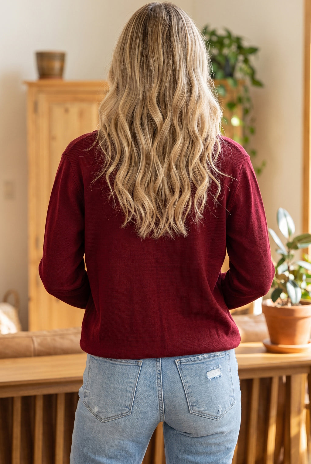 Burgundy Bow Pocket Collar Long Sleeve Knit Cardigan