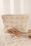 Parchment Bow Knot Dot Print Zipper Corduroy Cosmetic Bag