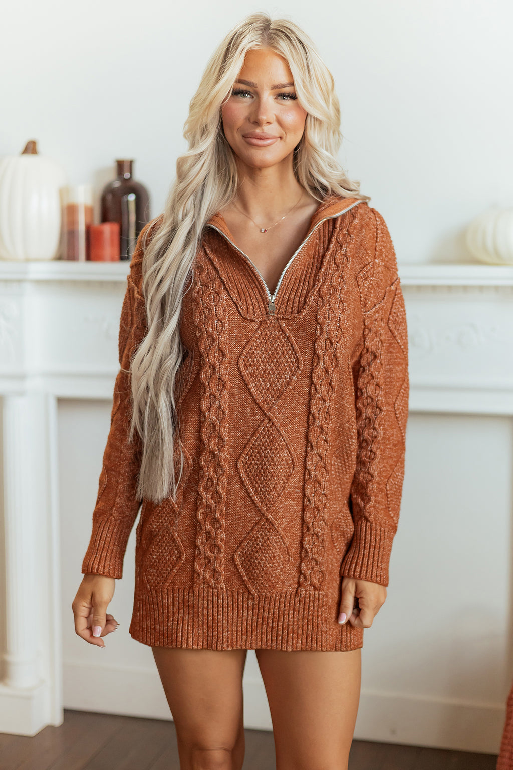 Clay Zip-Up Cable Knit Drop Shoulder Sweater Dress