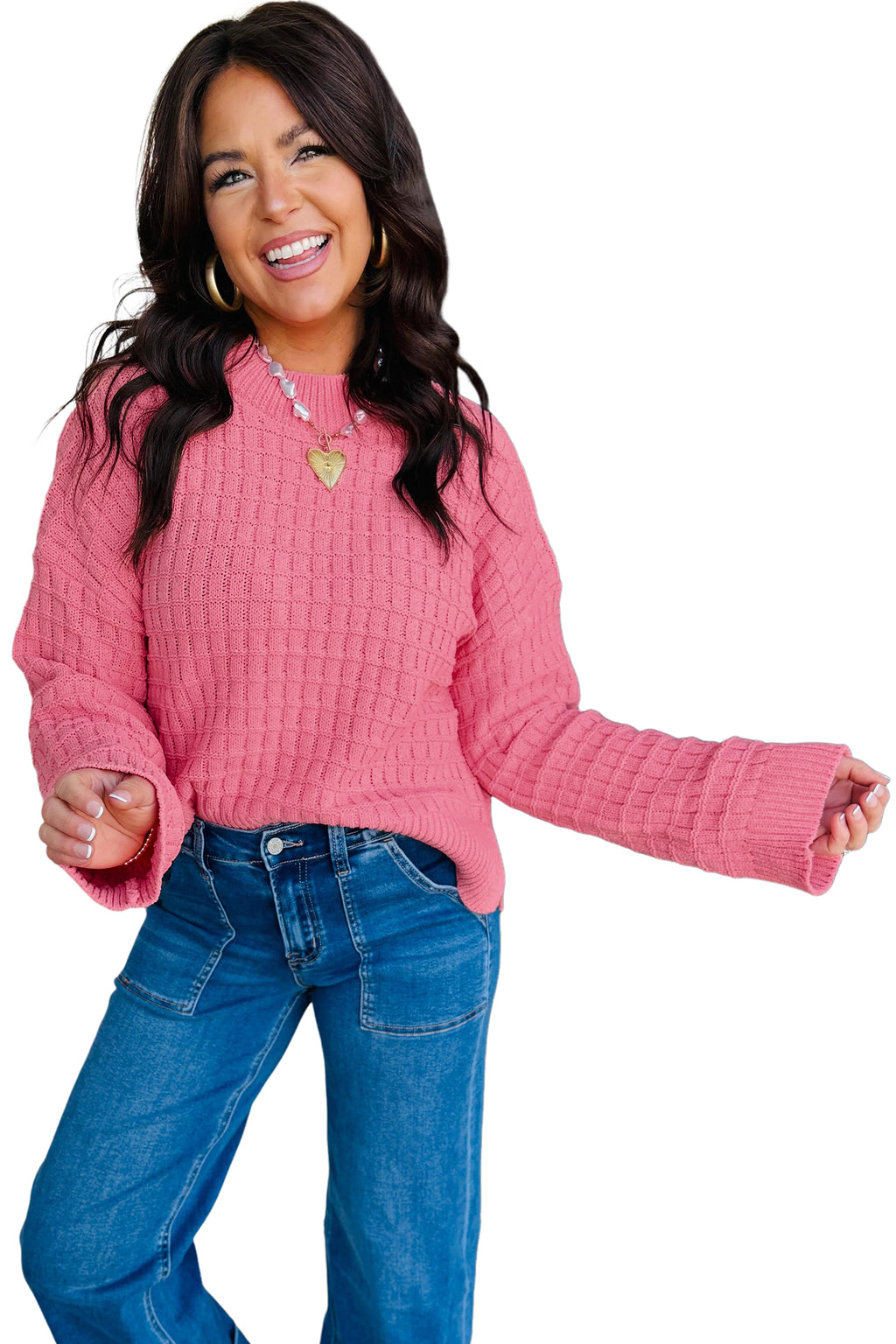 Peach Blossom Drop Shoulder Long Sleeve Knit Regular Fit Sweater