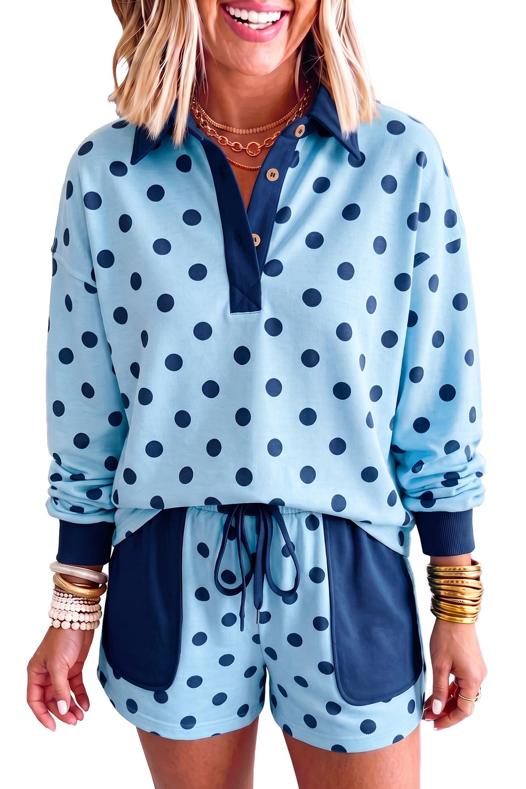 Sky Blue Polka Dot Drop Shoulder Polo Loose Pullover Patch Pocket Casual Shorts Set