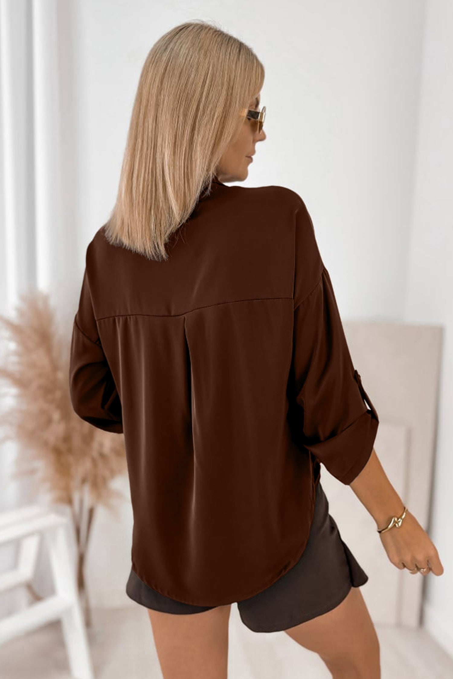 Coffee Multi Button Decoration Tab Long Sleeve Casual Shirt