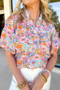 Pink Floral Print V Neck Short Sleeve Shift Blouse