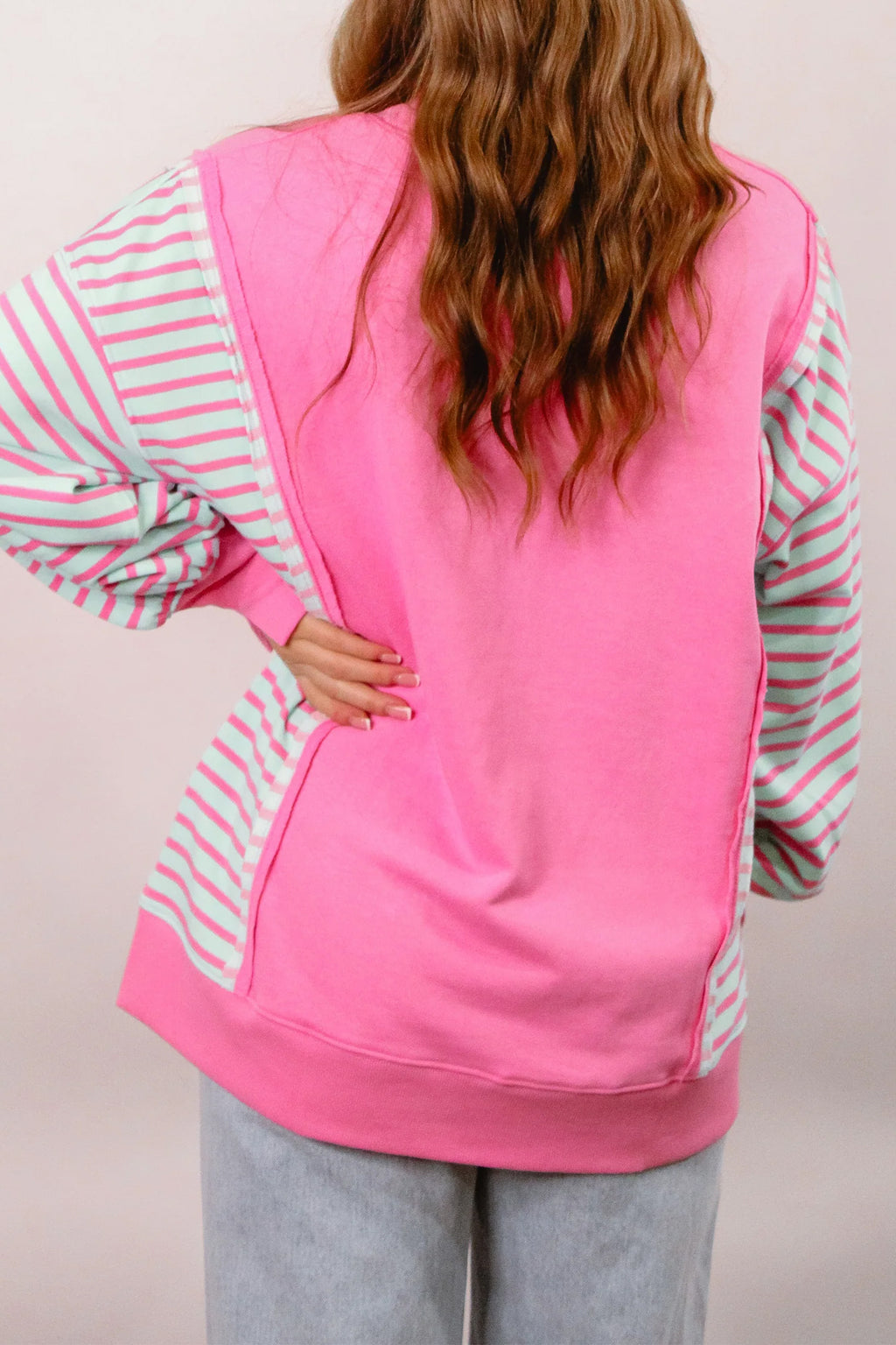 Rose Stripe Color Block Patchwork Relaxed Split Long Sleeve Top
