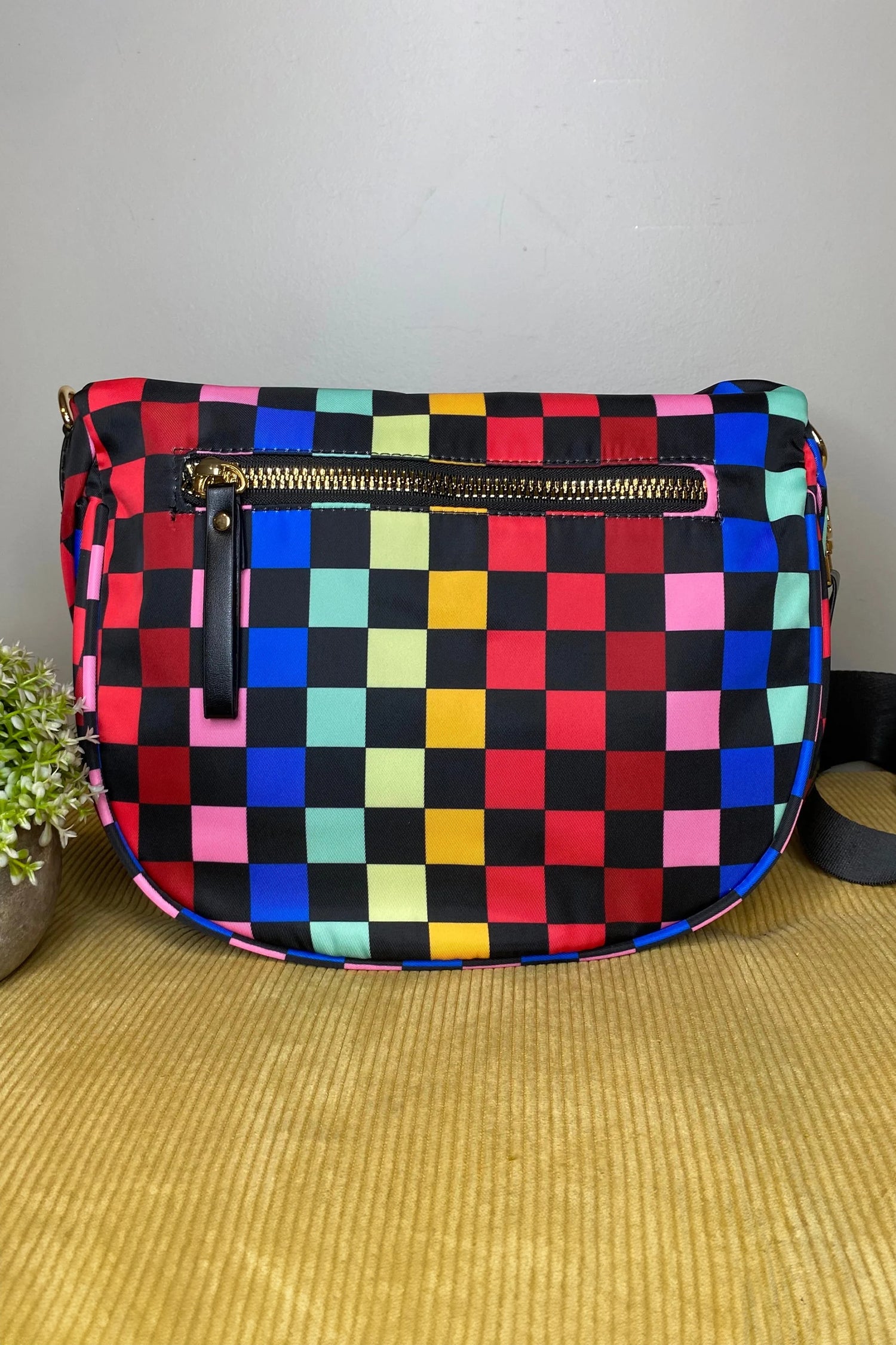 Color black Pretty Checkerboard Canvas Double Zip Crossbody Bag