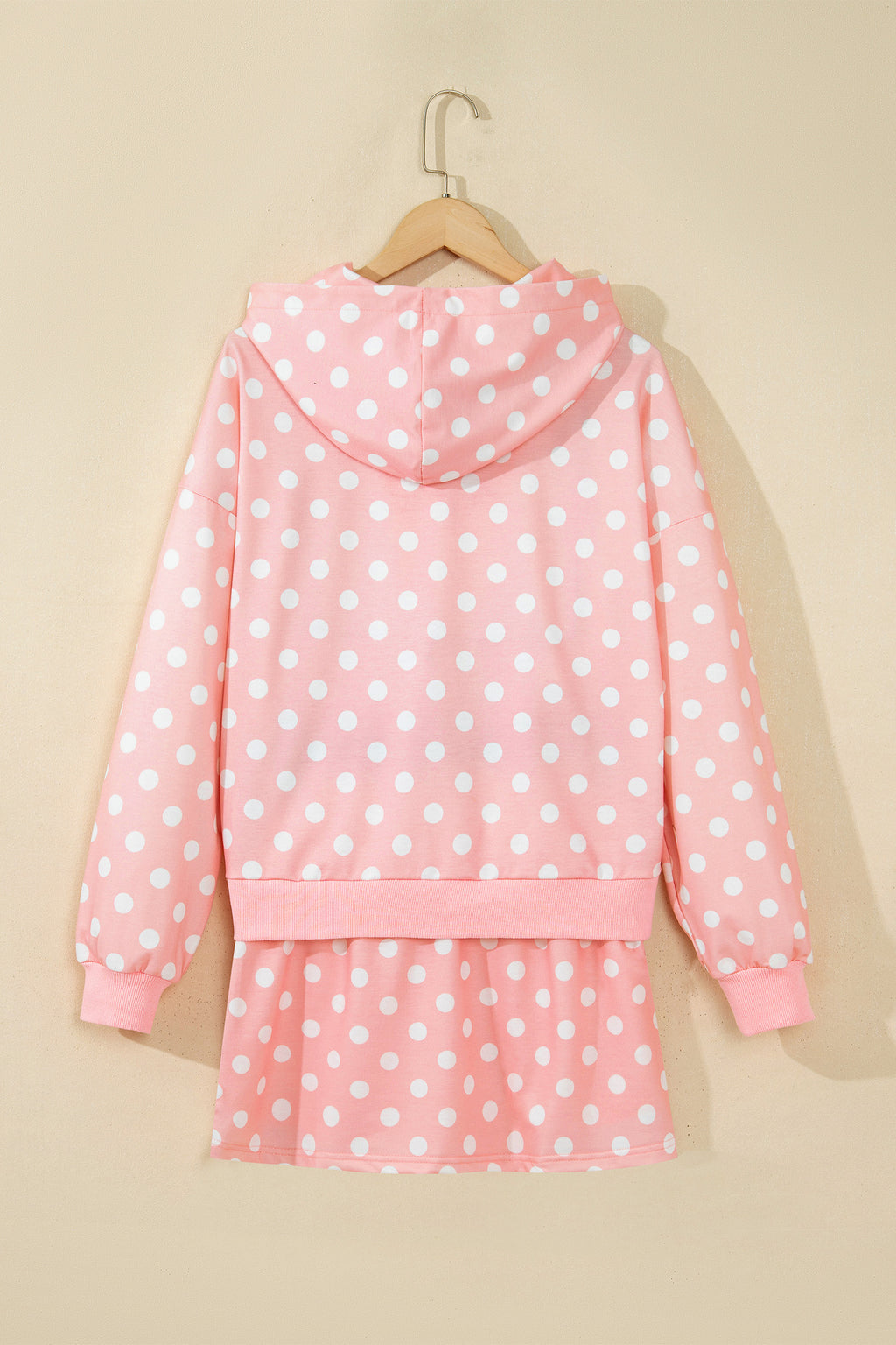 Khaki Polka Dot Hooded Long Sleeve Top Casual Mini Skort Set