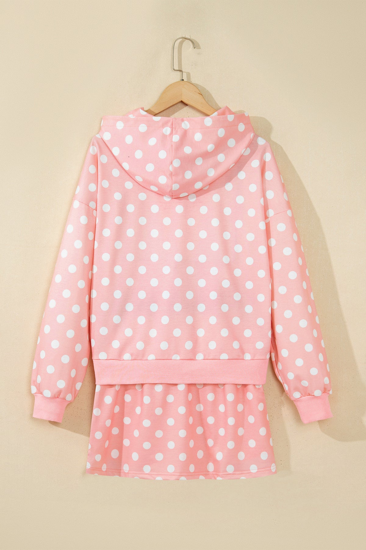 Khaki Polka Dot Hooded Long Sleeve Top Casual Mini Skort Set