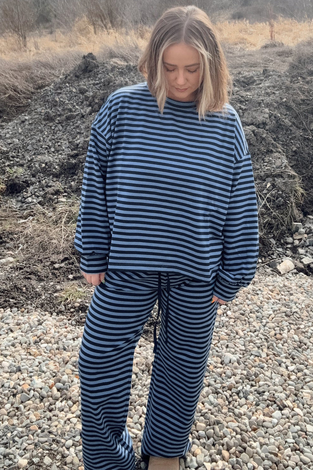 Blue Stripe Long Sleeve Drawstring Waist Plus Size Lounge Pants Set