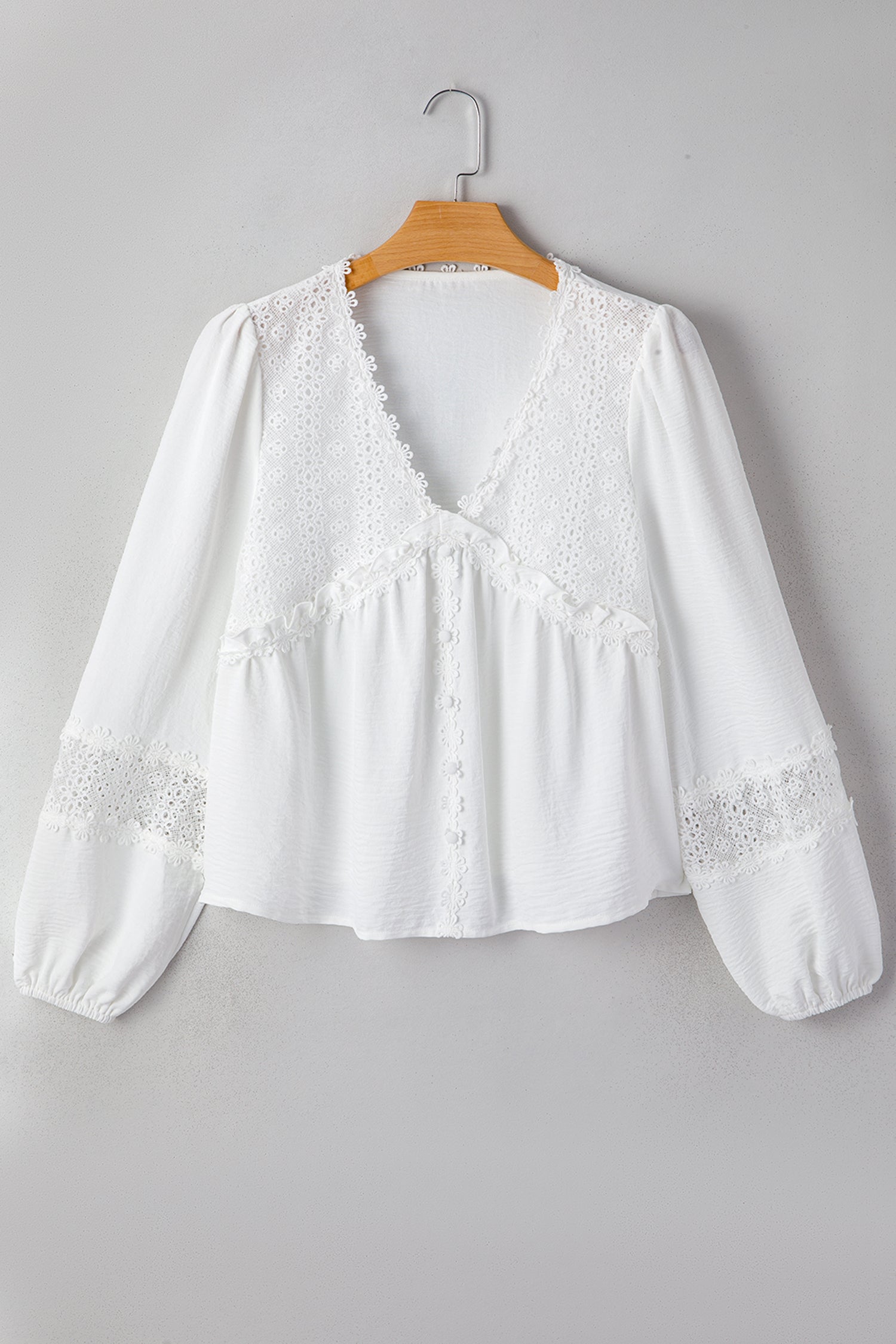 White Solid Color Floral Guipure Lace Patchwork Frilled Long Sleeve Blouse