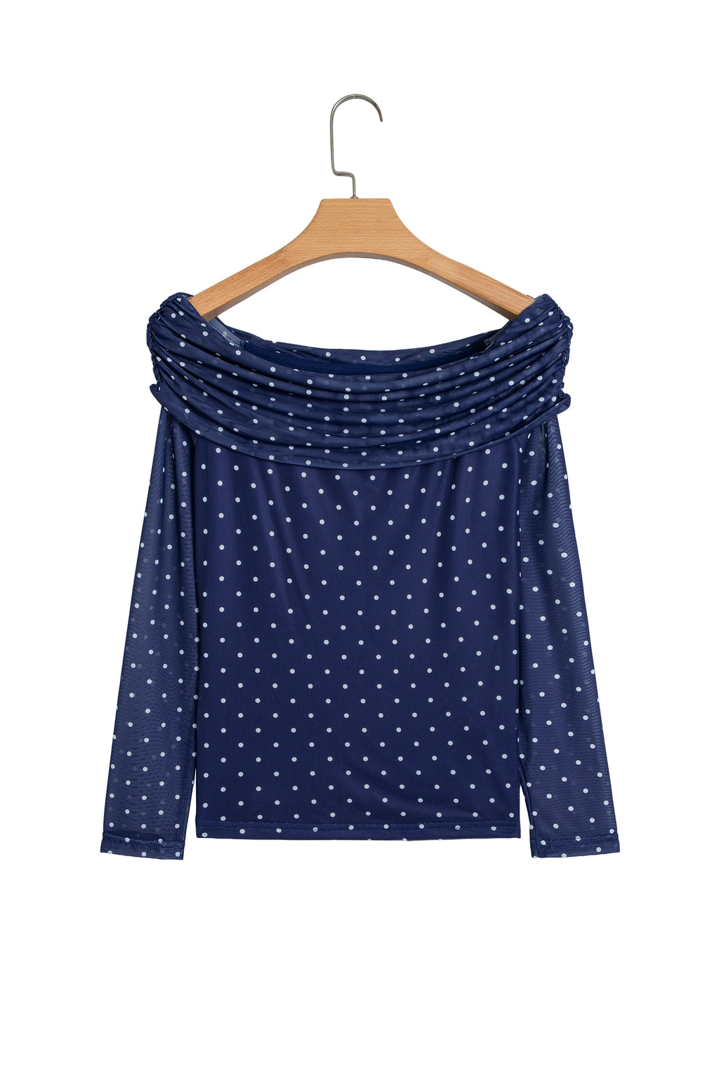 Blue Off Shoulder Polka Dot Mesh Long Sleeve Sheath Top