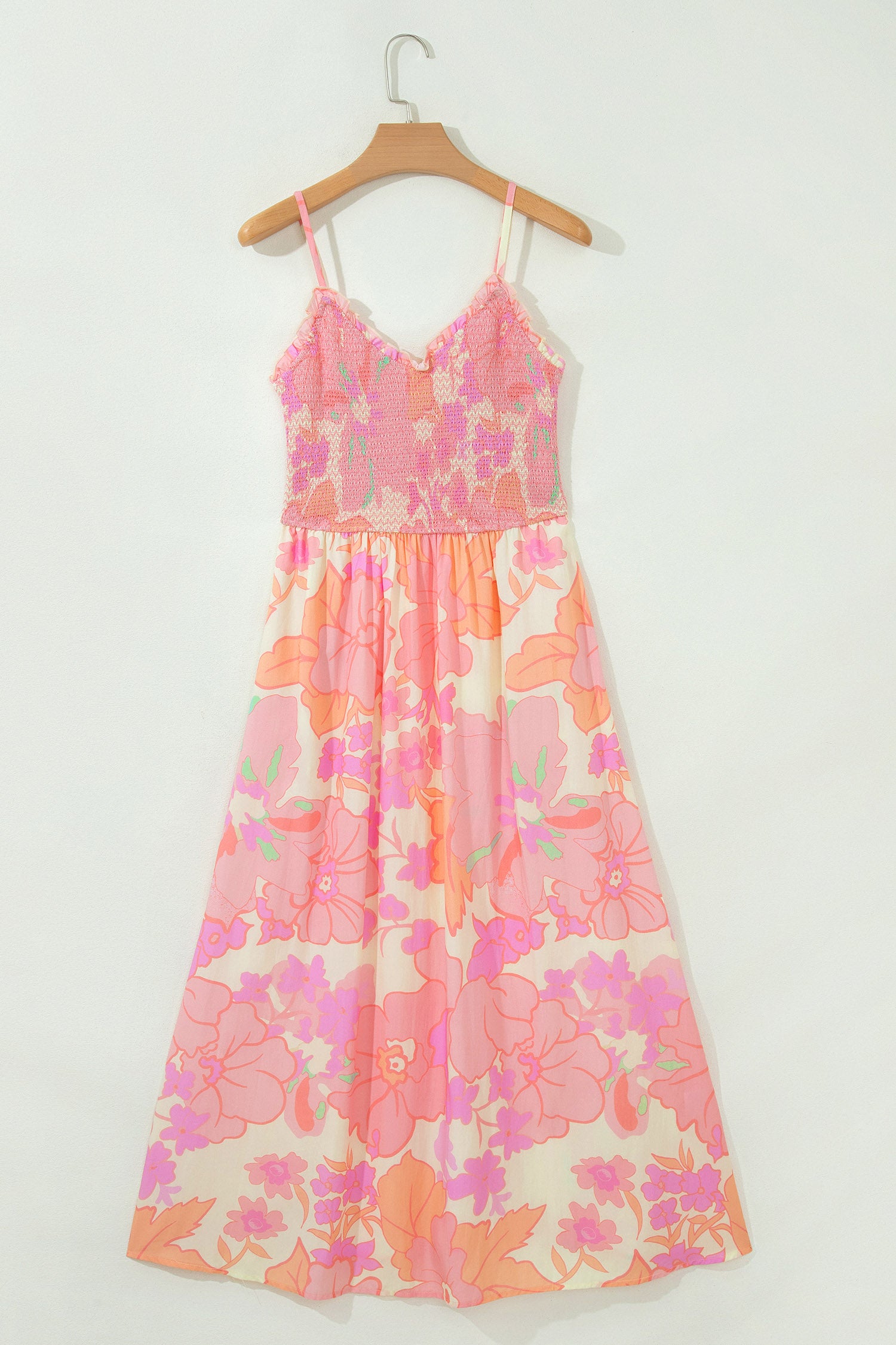 Pink Spaghetti Straps Floral Shirred High Waist Dress