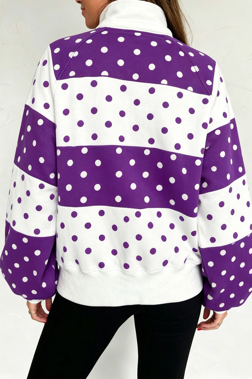 Blue Polka Dot Colorblock Half Zip Puff Sleeve Pullover Sweatshirt