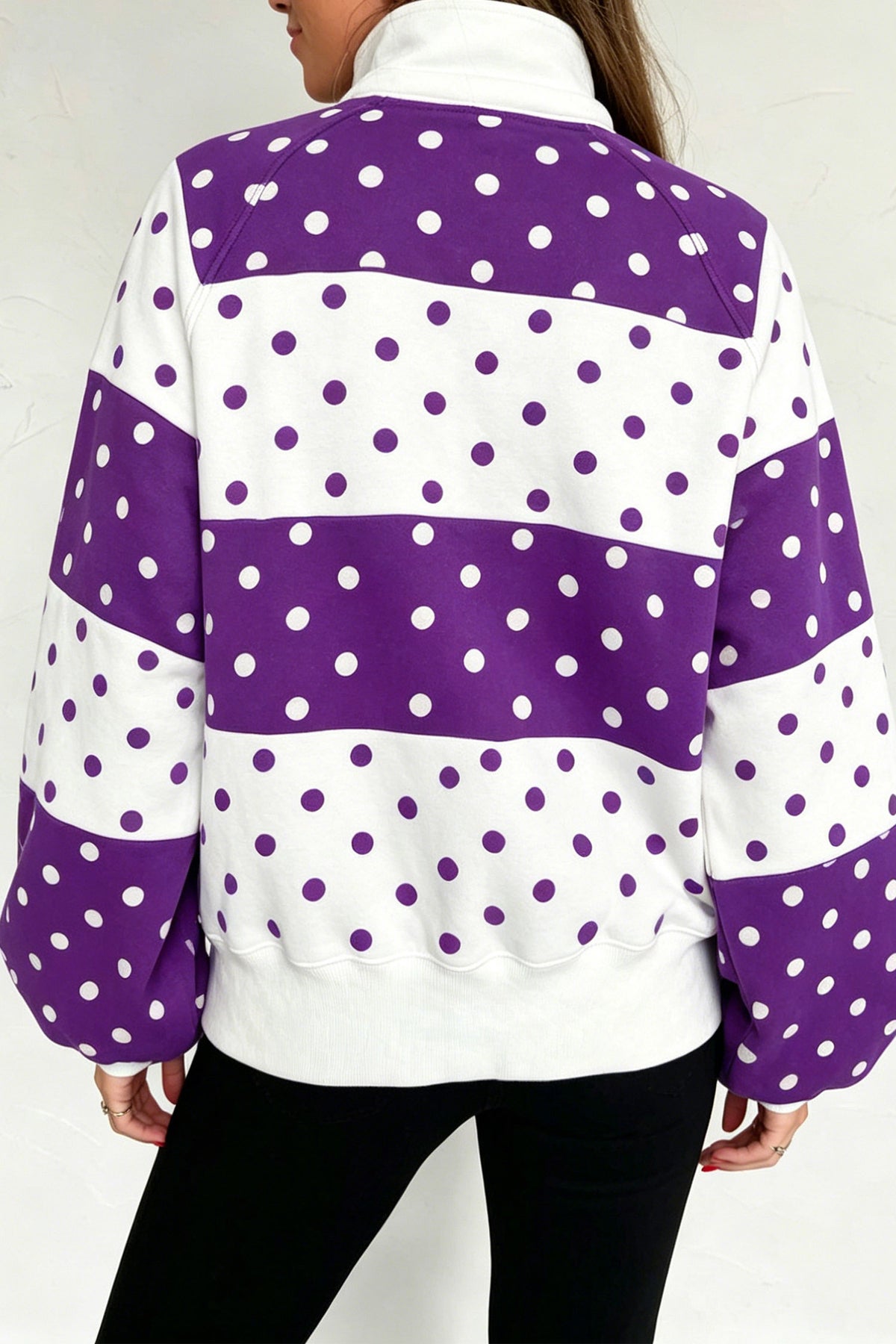 Blue Polka Dot Colorblock Half Zip Puff Sleeve Pullover Sweatshirt