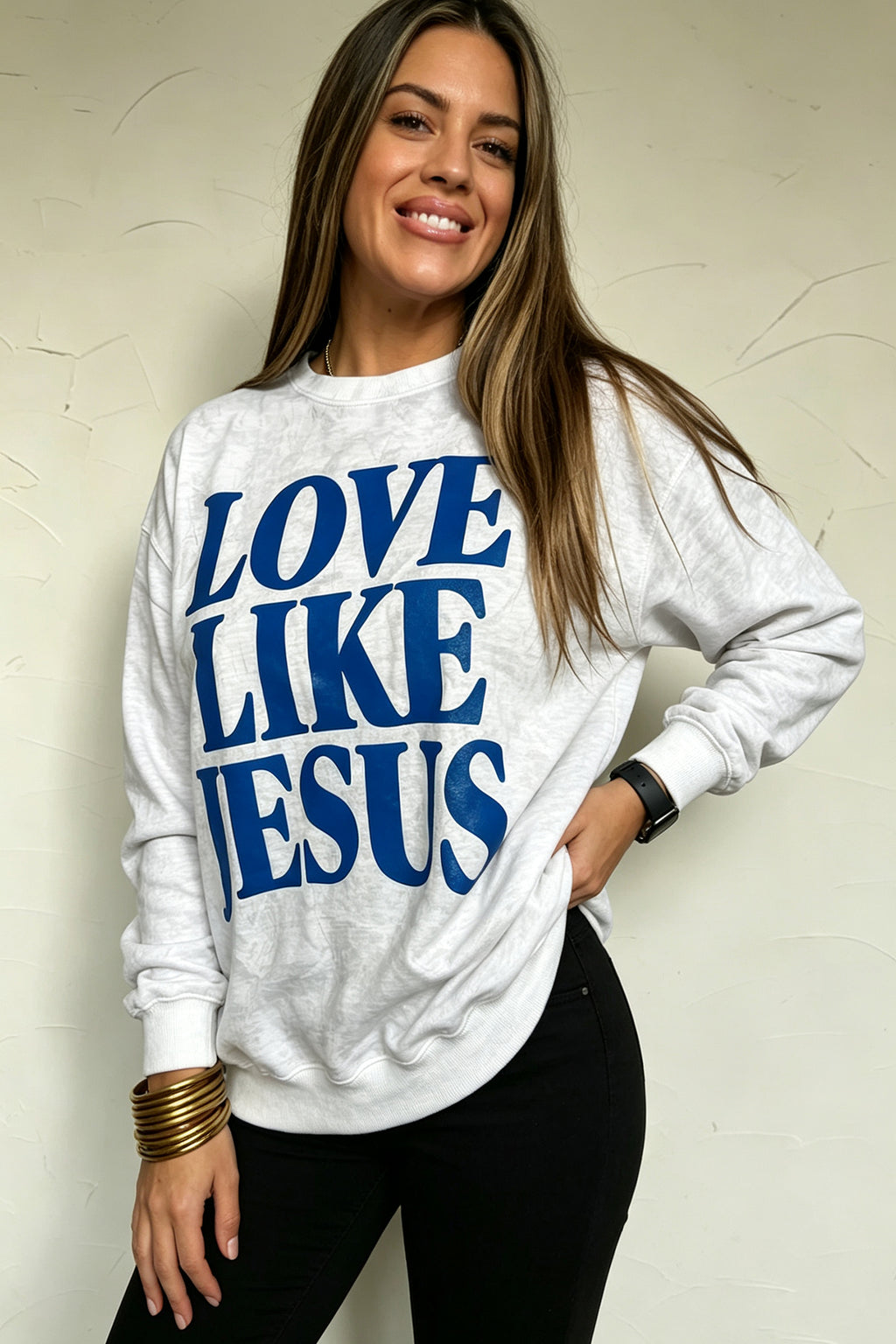 Gray LOVE LIKE JESUS Letter Print Round Neck Light Camo Pullover Sweatshirt