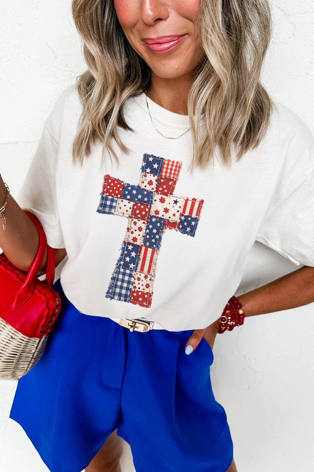 White Faux Patchwork Print Patriotic Cross Tee