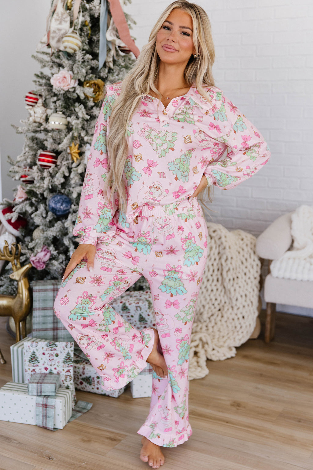 Pink Christmas Print Button Front Long Sleeve Lounge Set