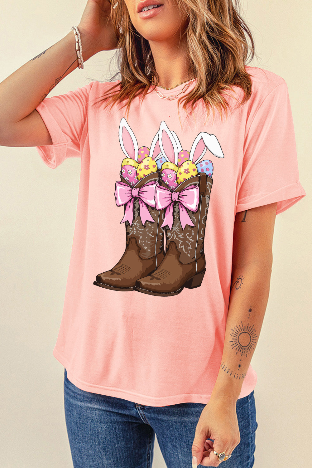 Pink Easter Eggs Bunny Ear Bow Boots Printed Tee