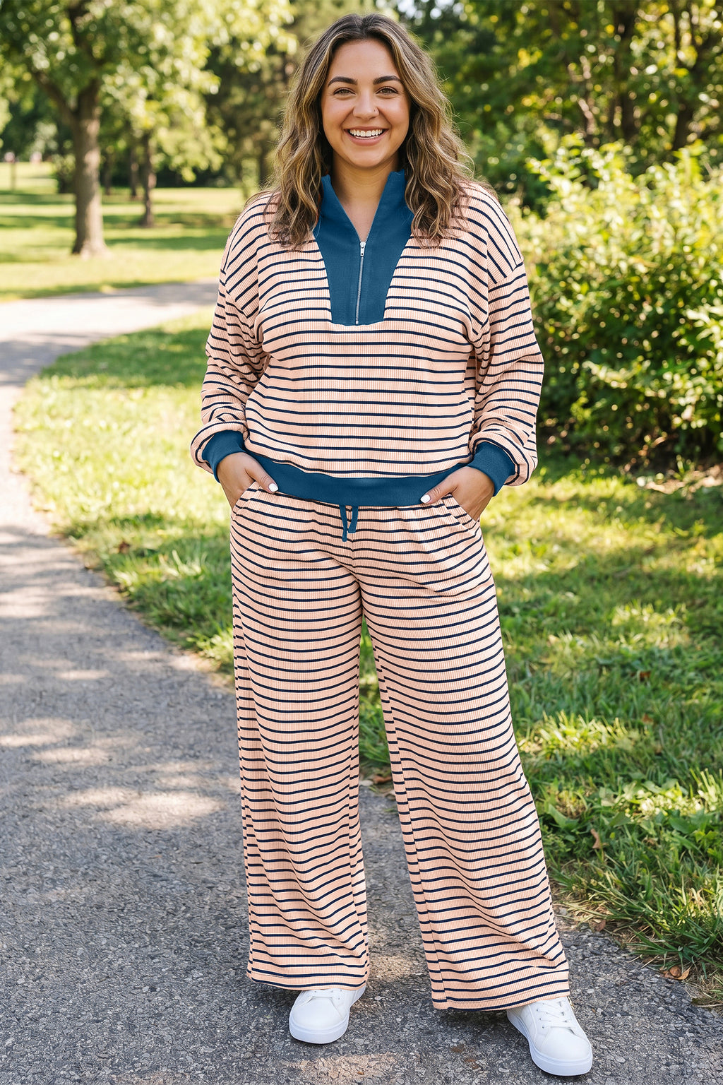 Pink Stripe Striped Colorblock V Neck Long Sleeve Plus Size Set