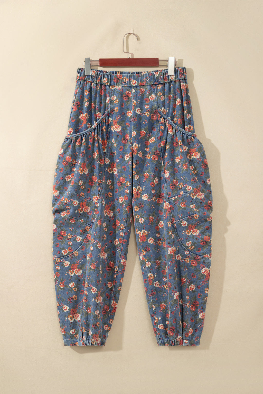 Beau Blue Retro Floral Print Elastic Waist Pocketed Barrel Jeans