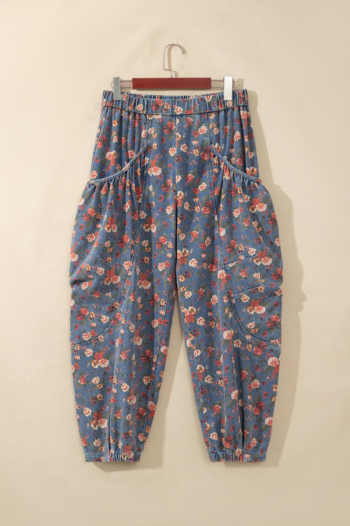 Beau Blue Retro Floral Print Elastic Waist Pocketed Barrel Jeans