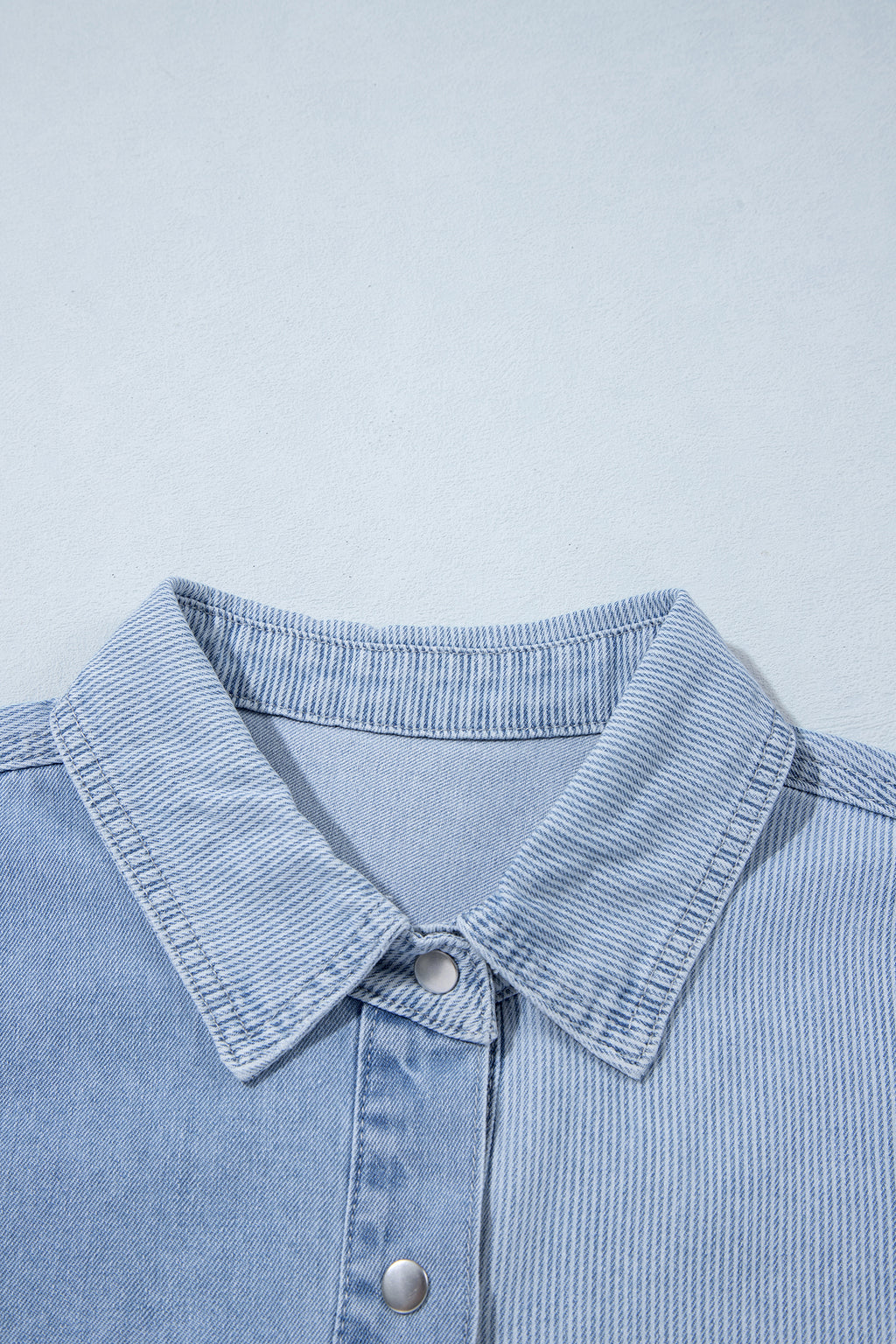 Beau Blue Lightweight Denim Striped Patchwork Button Down Shacket