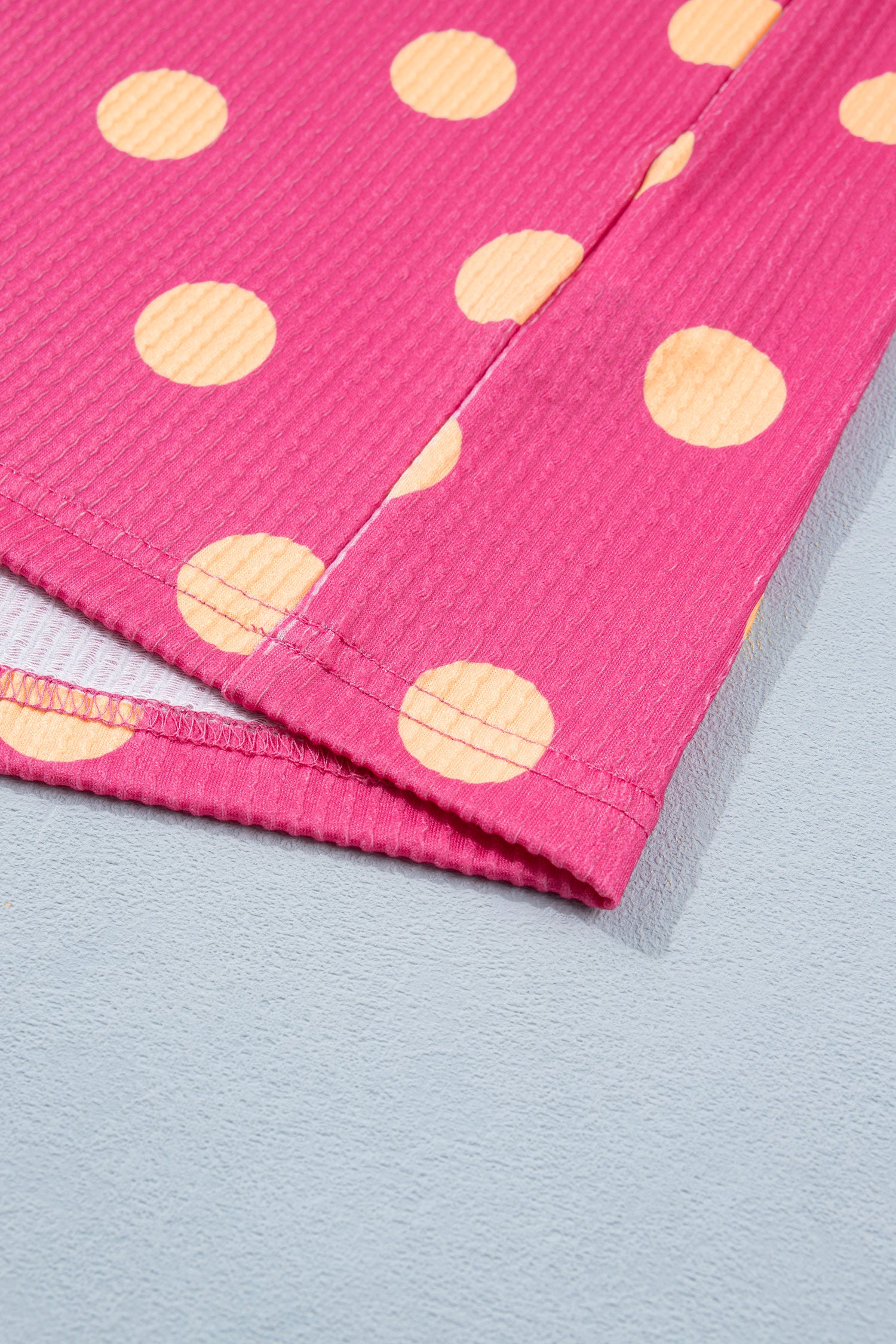 Pink Polka Dot Round Neck Drop Shoulder Patch Pocket Jacquard Texture Top