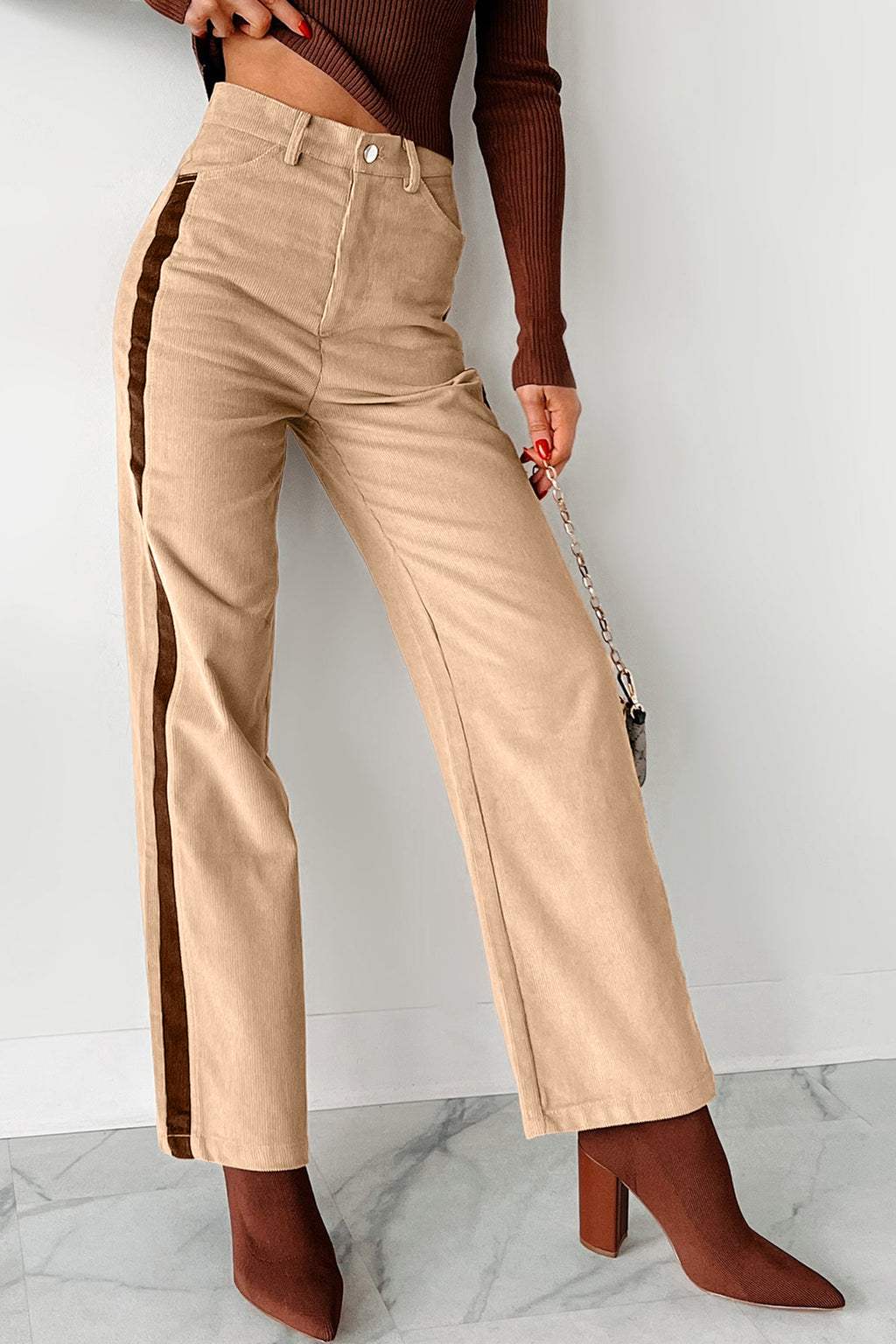 Smoke Gray Corduroy Side Panel Colorblock Straight Leg Pants