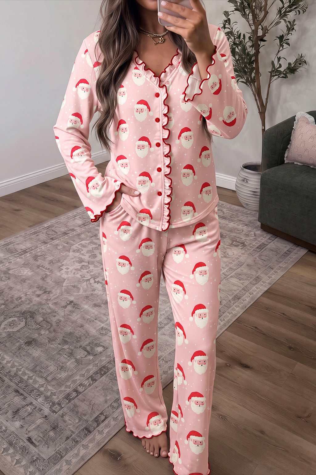 Pink Christmas Santa Print Frilled Button Front Long Sleeve Top Lounge Pant Set
