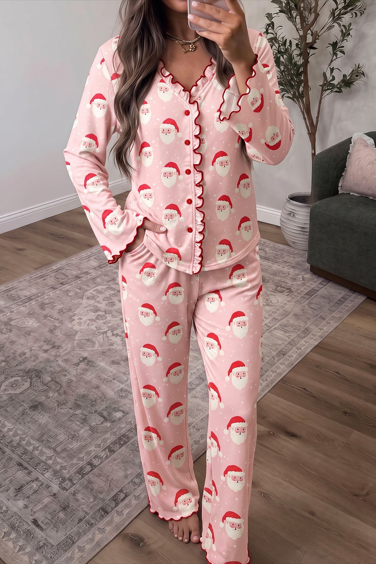 Pink Christmas Santa Print Frilled Button Front Long Sleeve Top Lounge Pant Set